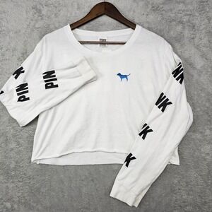Victoria's Secret PINK Long Sleeve Crop Top White Blue Ombre Spellout Logo Sz L